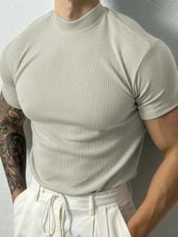 2025 Summer Men's Ribbed Mock Neck T-Shirt Slim Fit Muscle Short Sleeve Breathable Stretchy Casual Fitness Gym Tops
