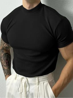 2025 Summer Men's Ribbed Mock Neck T-Shirt Slim Fit Muscle Short Sleeve Breathable Stretchy Casual Fitness Gym Tops