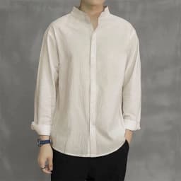 Spring Autumn Men's Shirt Long Sleeve Solid Color Cotton Linen Henley Neck Single Breathable Korean Style Fashion Male Top