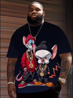Men's Hip Hop Cartoon Animal Printed Round Neck T-shirt 100% Polyester Fabric Summer Street Top Suitable for Daily Wearing