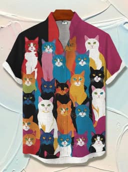 Men's Cat Graphics Shirts Short Sleeved Button Down Lapel Shirt For Summer Oversized Tops Vacation Casual Hawaiian Shirts