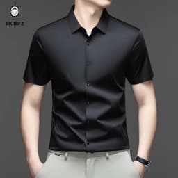 Casual Mens Short Sleeve Button Down Shirt Ice Silk Fabric Breathable Wrinkle Resistant Summer Formal Top