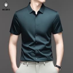 Casual Mens Short Sleeve Button Down Shirt Ice Silk Fabric Breathable Wrinkle Resistant Summer Formal Top