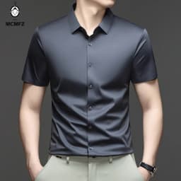 Casual Mens Short Sleeve Button Down Shirt Ice Silk Fabric Breathable Wrinkle Resistant Summer Formal Top