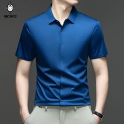 Casual Mens Short Sleeve Button Down Shirt Ice Silk Fabric Breathable Wrinkle Resistant Summer Formal Top