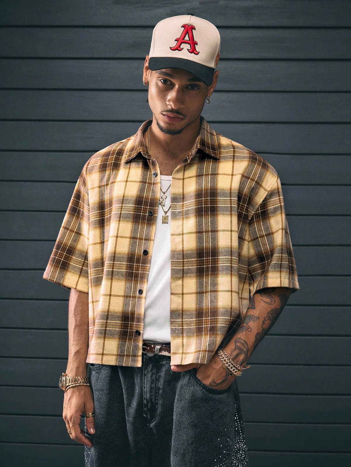 Men's College Style Casual Short Sleeved Checkered Shirt, Suitable For Spring And Autumn Campus Wear And Daily Travel