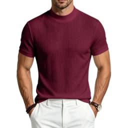Men Summer Solid Jacquard Textured Mock Neck Short Sleeve T Shirt Slim Fit Simple Versatile Casual Daily Male Basic Tees
