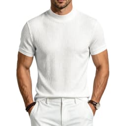 Men Summer Solid Jacquard Textured Mock Neck Short Sleeve T Shirt Slim Fit Simple Versatile Casual Daily Male Basic Tees
