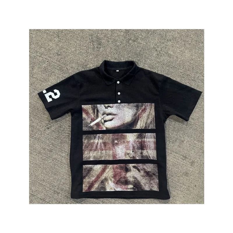 Y2K Short Sleeved Polo Shirt T-shirt Printed Top Dark Gothic Retro Summer Street Top