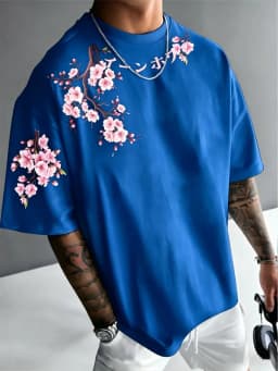 New Men's Summer Personalized Cherry Blossom Branch Letter Print Soft and Breathable Round Neck T-Shirt Outdoor Street Top
