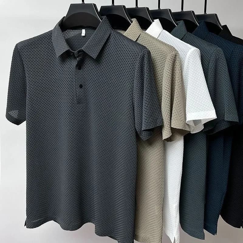 Men's Summer Polo Shirt Short Sleeve New Breathable Mesh Quick Dry T-Shirt Simple Solid-Color Business Casual Shirt Top