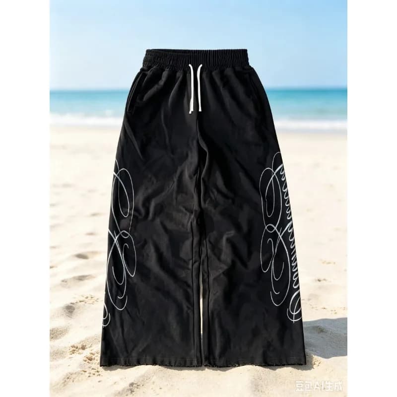 2026 Summer White Loose Wide Leg Sweatpants Abstract Curve Print Elastic Waist Casual Hip Hop Dance Jogger Adults/Kids Pants