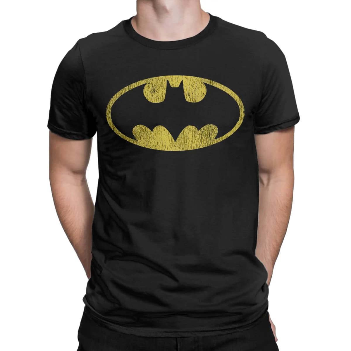 Casual Batmans Classic Yellow Logo Tshirt Men Round Neck Short Sleeve Top Tee 100%Cotton Summer Clothes