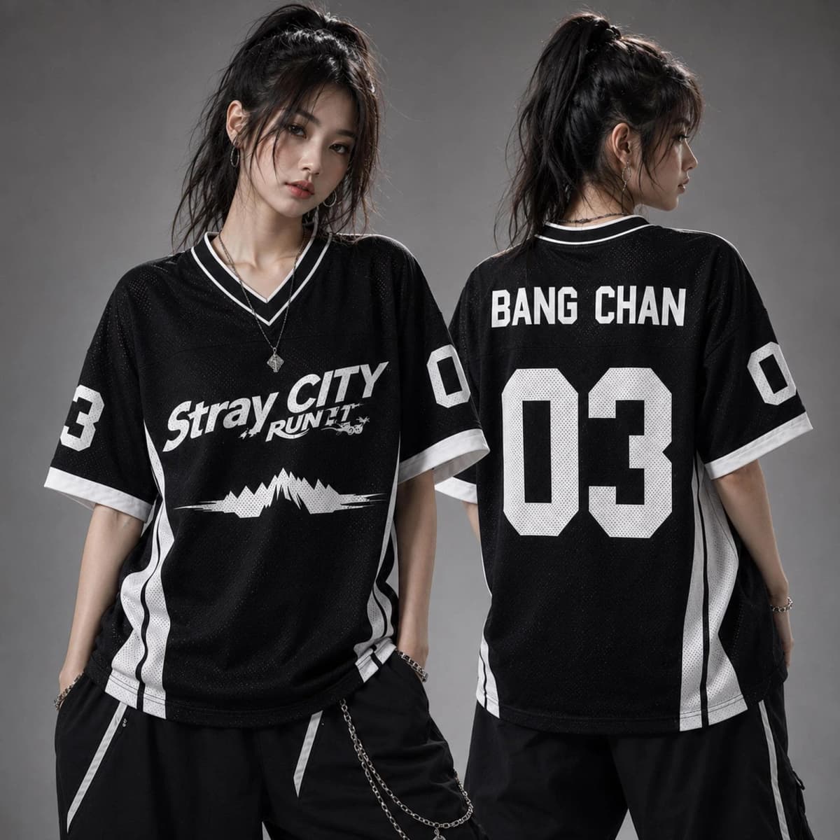 Black White Stray City Bang Chan #03 V-neck Jersey Short Sleeve T-shirt Men Women Kpop Concert Fan Letter Streetwear Sports Tee