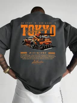 Men's Summer 100% Cotton Fashionable Casual Loose Large Size Japanese Tokyo Pattern Printed Round Neck Short Sleeve T-shirt Top