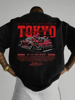 Men's Summer 100% Cotton Fashionable Casual Loose Large Size Japanese Tokyo Pattern Printed Round Neck Short Sleeve T-shirt Top