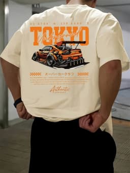 Men's Summer 100% Cotton Fashionable Casual Loose Large Size Japanese Tokyo Pattern Printed Round Neck Short Sleeve T-shirt Top
