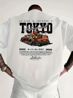 Men's Summer 100% Cotton Fashionable Casual Loose Large Size Japanese Tokyo Pattern Printed Round Neck Short Sleeve T-shirt Top