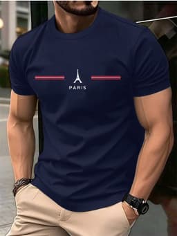 Men's 100% Pure Cotton Summer Loose Oversized Casual Paris Letter Printed Sports Round Neck Short Sleeved T-Shirt Top