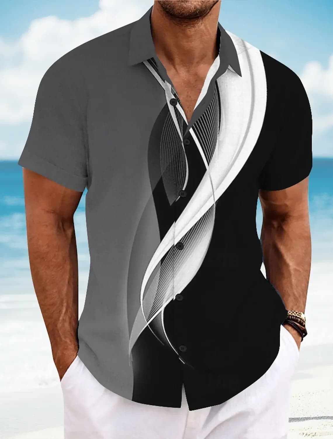 2025 Summer Men's Geometric Line Abstract Art Shirts Short Sleeve Tops Casual Shirts Turndown Casual Shirt Button Up Shirts