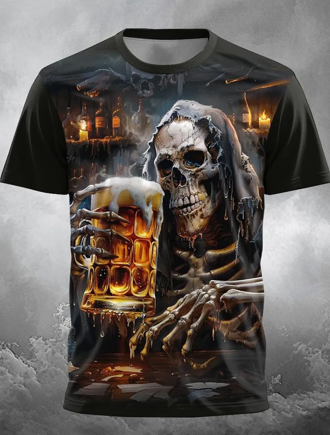 Hot Selling European and American Men's Summer Personalized Skull Print Halloween Breathable Round Neck T-Shirt Outdoor Party To