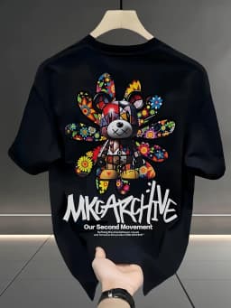 Colorful Sunflower Bear Graffiti Graphic Tee with Bold Lettering 100% Cotton Men's T-shirt Summer Vibrant Casual Statement Top