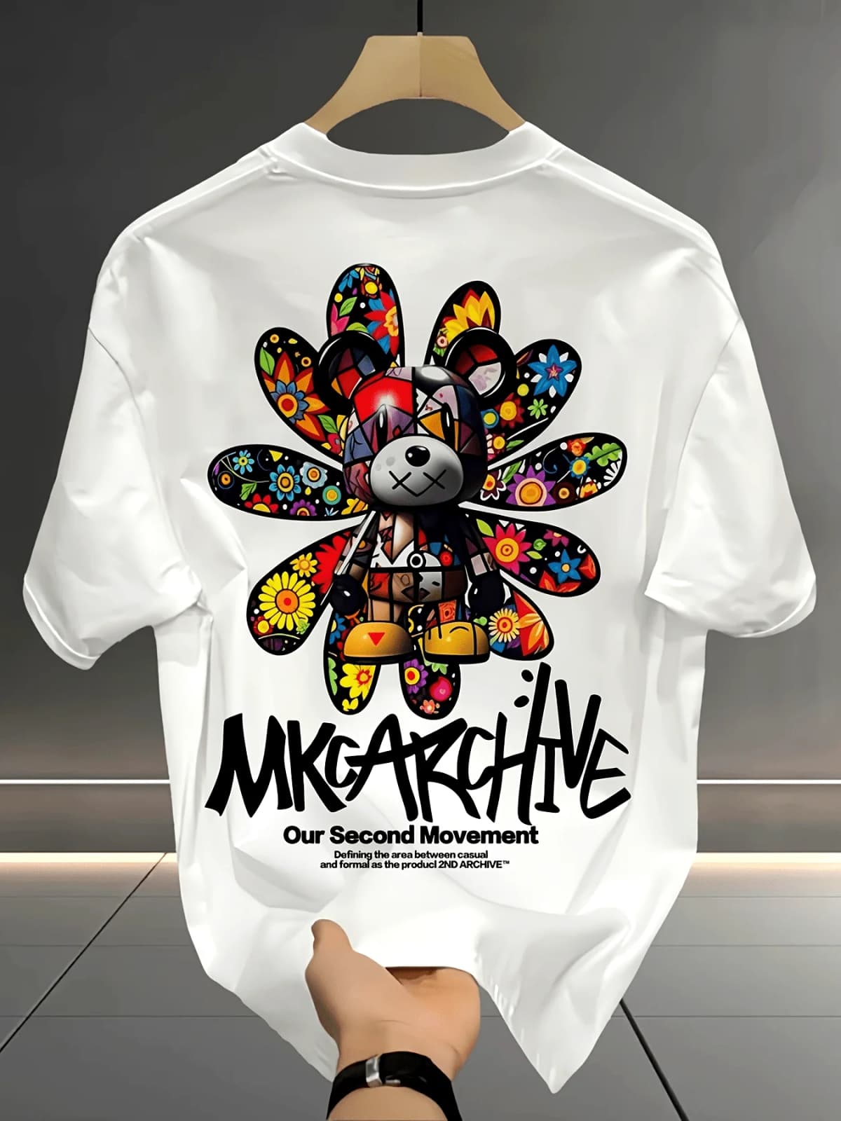 Colorful Sunflower Bear Graffiti Graphic Tee with Bold Lettering 100% Cotton Men's T-shirt Summer Vibrant Casual Statement Top