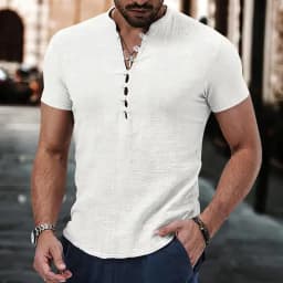 New Men's Short Sleeve Tshirt V neck button Cotton Linen Shirt Men's Casual Clothes Popular Tops for Men