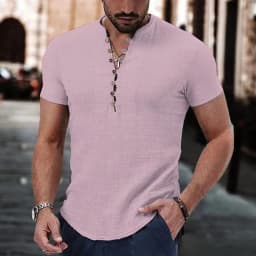 New Men's Short Sleeve Tshirt V neck button Cotton Linen Shirt Men's Casual Clothes Popular Tops for Men