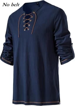 Men Medieval Lace Up Linen Long Sleeve Tunic Viking Pirate Renaissance Cosplay Shirt With Vintage Embossed Leather Belt