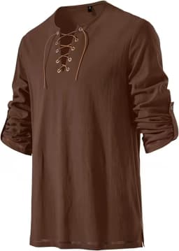 Men Medieval Lace Up Linen Long Sleeve Tunic Viking Pirate Renaissance Cosplay Shirt With Vintage Embossed Leather Belt