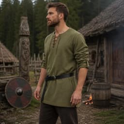 Men Medieval Lace Up Linen Long Sleeve Tunic Viking Pirate Renaissance Cosplay Shirt With Vintage Embossed Leather Belt