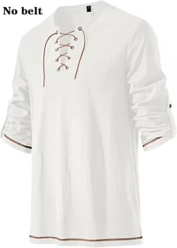Men Medieval Lace Up Linen Long Sleeve Tunic Viking Pirate Renaissance Cosplay Shirt With Vintage Embossed Leather Belt
