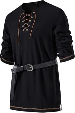Men Medieval Lace Up Linen Long Sleeve Tunic Viking Pirate Renaissance Cosplay Shirt With Vintage Embossed Leather Belt