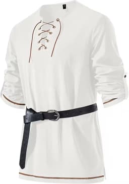 Men Medieval Lace Up Linen Long Sleeve Tunic Viking Pirate Renaissance Cosplay Shirt With Vintage Embossed Leather Belt