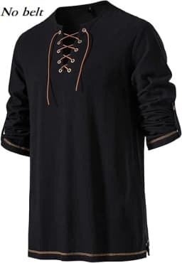 Men Medieval Lace Up Linen Long Sleeve Tunic Viking Pirate Renaissance Cosplay Shirt With Vintage Embossed Leather Belt