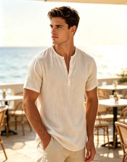 Men's Cotton Linen Henley Short Sleeve T Shirt Lightweight Breathable Solid Color Casual Loose Fit Summer Beach Vacation Top