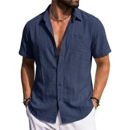 Men's Linen Shirts Short Sleeve Casual Shirts Button Down Shirt for Men Summer Beach Wedding Shirt Solid Color Hawaiian Shirt
