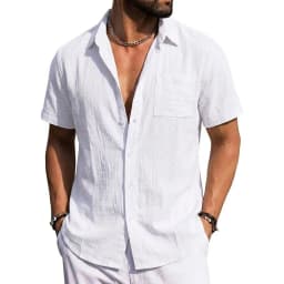 Men's Linen Shirts Short Sleeve Casual Shirts Button Down Shirt for Men Summer Beach Wedding Shirt Solid Color Hawaiian Shirt