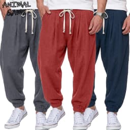 Men's Cotton Linen Pants Korean Gym Trousers Man Casual Baggy Pants Autumn Loose Harem Pants Spring Drawstring Streetwear Man