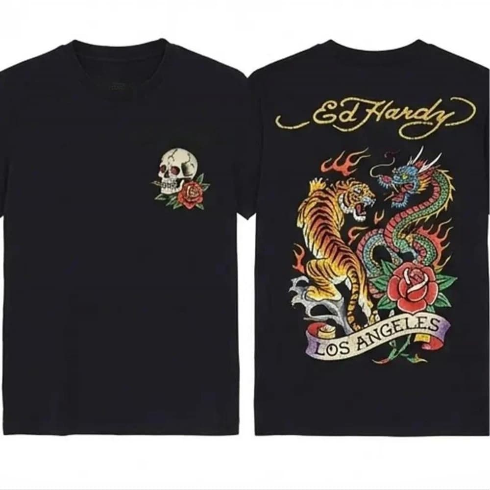 Men's T-Shirt with Tiger and Dragon Tattoo-Style Print Original Ed Hardy Design for Urban Men Street Fashion Casual Wear