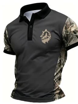 American Men's Summer Camouflage Wolf Moon Print Comfortable and Breathable Polo Short Sleeved T-Shirt Outdoor Casual Top