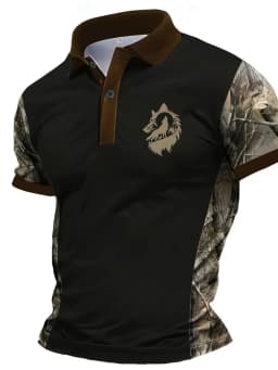 American Men's Summer Camouflage Wolf Moon Print Comfortable and Breathable Polo Short Sleeved T-Shirt Outdoor Casual Top