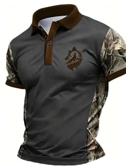 American Men's Summer Camouflage Wolf Moon Print Comfortable and Breathable Polo Short Sleeved T-Shirt Outdoor Casual Top