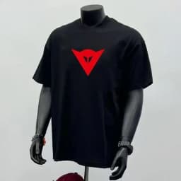 Men's Black Oversized T-Shirt Red Triangle Logo Print Casual Streetwear Short Sleeve Cotton Tee Top Unisex
