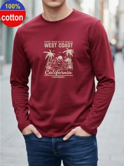 100% Pure Cotton Men's Long Sleeved Round Neck Loose Switzerland Pattern Printed Spring and Autumn Casual Versatile T-Shirt Top