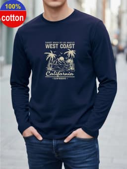100% Pure Cotton Men's Long Sleeved Round Neck Loose Switzerland Pattern Printed Spring and Autumn Casual Versatile T-Shirt Top