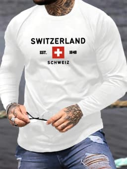 100% Pure Cotton Men's Long Sleeved Round Neck Loose Switzerland Pattern Printed Spring and Autumn Casual Versatile T-Shirt Top