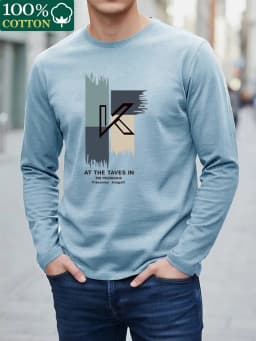 100% Pure Cotton Men's Long Sleeved Round Neck Loose Switzerland Pattern Printed Spring and Autumn Casual Versatile T-Shirt Top