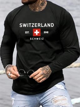 100% Pure Cotton Men's Long Sleeved Round Neck Loose Switzerland Pattern Printed Spring and Autumn Casual Versatile T-Shirt Top